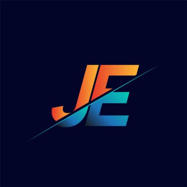 JE ilk logo şirketi adı mavi ve turuncu, basit ve modern logo tasarımı.