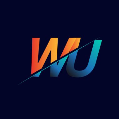 WU 'nun ilk logo şirketi adı mavi ve turuncu, Basit ve Modern Logo Tasarımı.