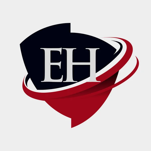 頭文字のEh型ロゴタイプ社名は赤と黒のスウッシュとエンブレムのデザイン 白い背景に隔離され — ストックベクタ