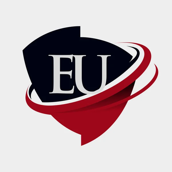 最初の文字Euのロゴタイプ会社の名前は赤と黒のスウッシュとエンブレムのデザインを着色しました 白い背景に隔離され — ストックベクタ