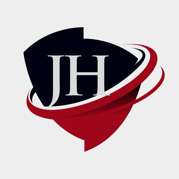 最初的字母Jh标识公司的名称有色红色和黑色Swoosh和徽章设计 在白色背景下隔离 — 图库矢量图片