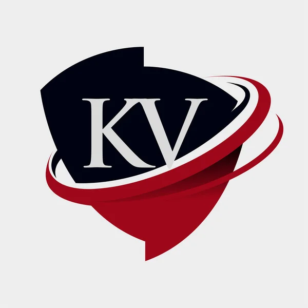 Kv标志型公司名称的首字母为彩色 红色和黑色 并有徽章图案 在白色背景下隔离 — 图库矢量图片