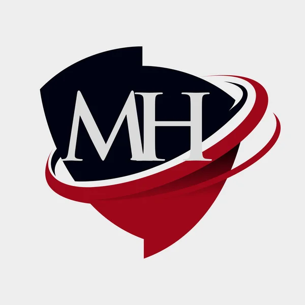初期の文字Mhのロゴタイプ会社名は赤と黒のスウッシュとエンブレムのデザインを着色しました 白い背景に隔離され — ストックベクタ
