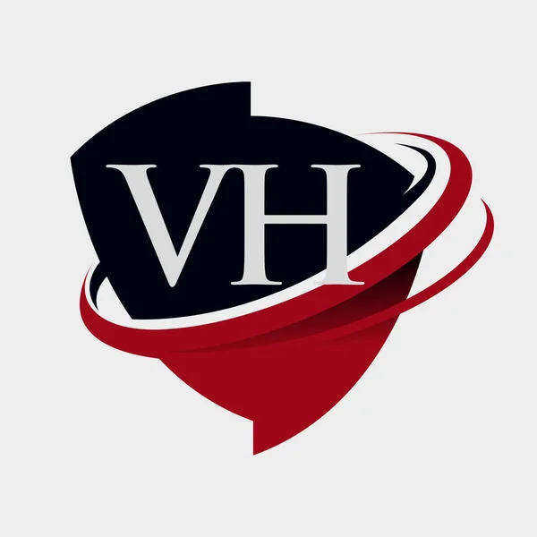 最初的字母Vh标识公司的名称有色红色和黑色Swoosh和徽章设计 在白色背景下隔离 — 图库矢量图片