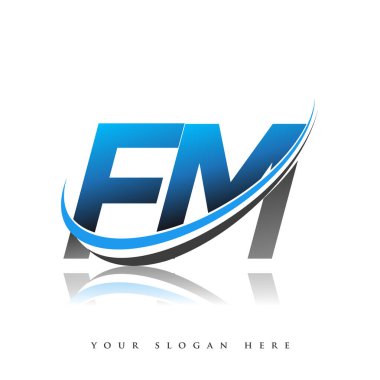 FM 'in ilk logo şirketi adı mavi ve siyah renkli, beyaz arka planda izole edilmiş. iş ve şirket kimliği için vektör logosu.
