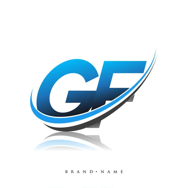 Gf初期のロゴ会社の名前は 白の背景に隔離された青と黒のスウッシュのデザインを着色 ビジネスと会社のアイデンティティのためのベクトルロゴ — ストックベクタ