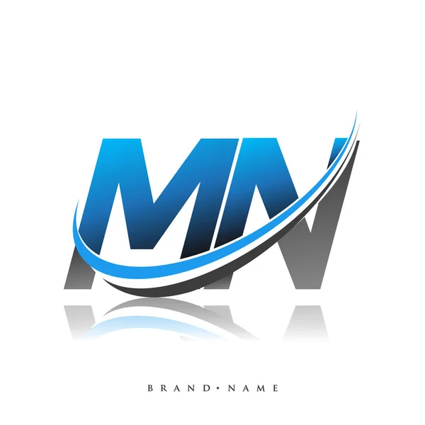 Mn初期のロゴ会社の名前は 白の背景に隔離された青と黒のスウッシュデザインを着色しました ビジネスと会社のアイデンティティのためのベクトルロゴ — ストックベクタ