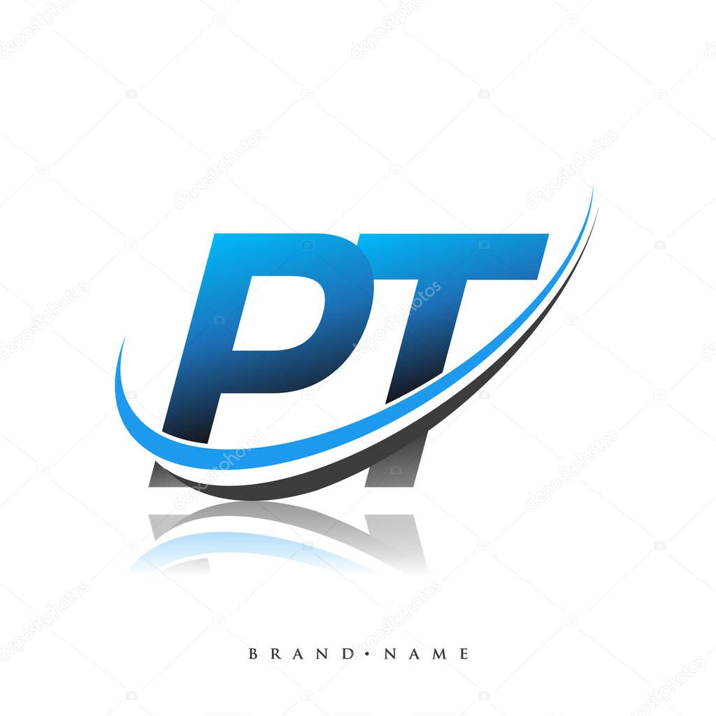PT initial logo company name colored blue and black swoosh design, isolated on white background. vector logo for business and company identity.