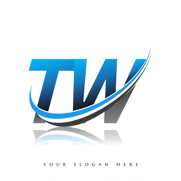 Tw初期のロゴ会社の名前は 白の背景に隔離された青と黒のスウッシュのデザインを着色した ビジネスと会社のアイデンティティのためのベクトルロゴ — ストックベクタ