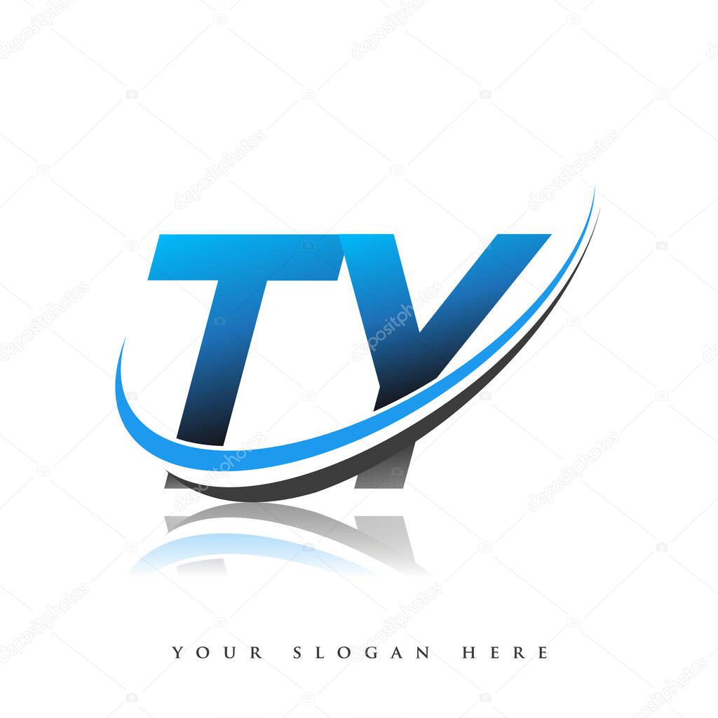 TY initial logo company name colored blue and black swoosh design, isolated on white background. vector logo for business and company identity.