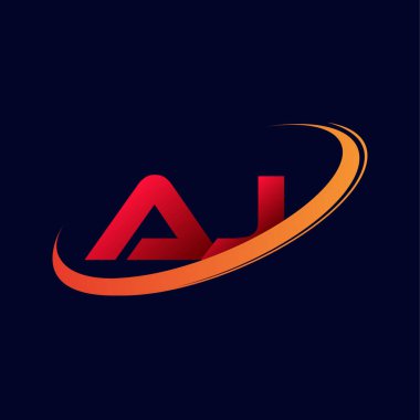 İlk harfi AJ logotype şirketi. Renkli kırmızı ve turuncu çizim. koyu arkaplanda izole.