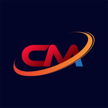 İlk harf CM logotype şirketi adı: Renkli kırmızı ve turuncu çizim. koyu arkaplanda izole.