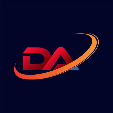 İlk harf DA logotype şirketinin adı Renkli Kırmızı ve Turuncu Swoosh tasarımı. koyu arkaplanda izole.