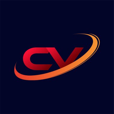 İlk harf CV logotype şirketinin adı kırmızı ve turuncu çizim. koyu arkaplanda izole.