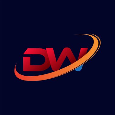İlk harf DW logotype şirketinin adı: Renkli kırmızı ve turuncu çizim. koyu arkaplanda izole.