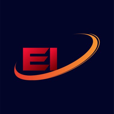 İlk harf EI logotype şirketi ismi kırmızı ve turuncu renkli. koyu arkaplanda izole.