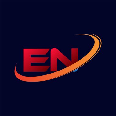 İlk harf EN logotype şirketi adı: Renkli kırmızı ve turuncu çizim. koyu arkaplanda izole.