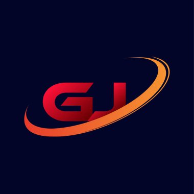 İlk harfi GJ logotype şirketi. Renkli kırmızı ve turuncu çizim. koyu arkaplanda izole.