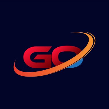 GO logotype şirketinin ilk harfi: Renkli kırmızı ve turuncu çizim. koyu arkaplanda izole.