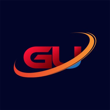 İlk harfi GU logotype şirketi. Renkli kırmızı ve turuncu çizim. koyu arkaplanda izole.