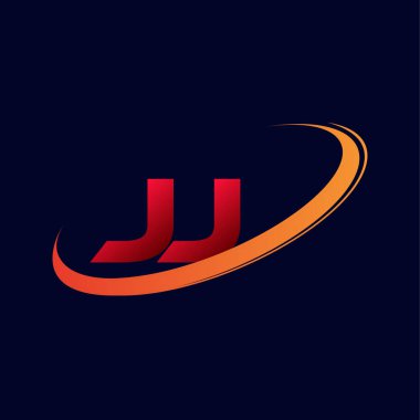 İlk harf JJ logotype şirketinin adı: Renkli kırmızı ve turuncu çizim. koyu arkaplanda izole.