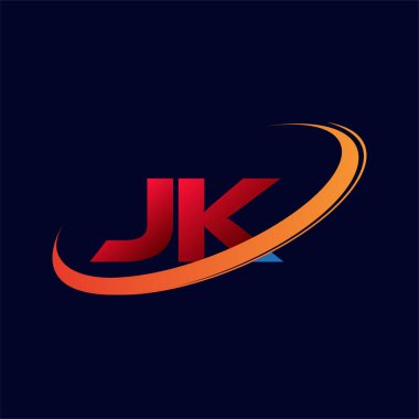 İlk harfi JK logotype şirketi. Renkli kırmızı ve turuncu çizim. koyu arkaplanda izole.