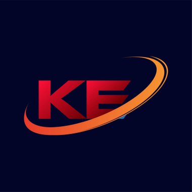 İlk harf KE logotype şirketinin adı Renkli Kırmızı ve Turuncu Swoosh tasarımı. koyu arkaplanda izole.