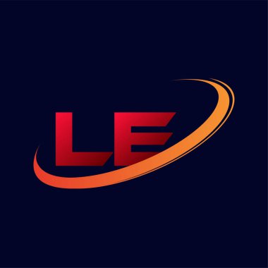 İlk harf LE logotype şirketinin adı Renkli Kırmızı ve Turuncu Swoosh tasarımı. koyu arkaplanda izole.
