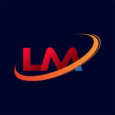 İlk harf LM logotype şirketinin adı kırmızı ve turuncu çizim. koyu arkaplanda izole.
