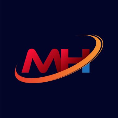 İlk harf MH logotype şirketi. Renkli kırmızı ve turuncu çizim. koyu arkaplanda izole.