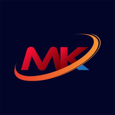 İlk harfi MK logotype şirketi. Renkli kırmızı ve turuncu çizim. koyu arkaplanda izole.