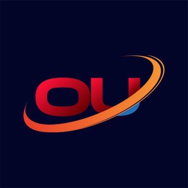 İlk harfi OU logotype şirketi. Renkli kırmızı ve turuncu çizim. koyu arkaplanda izole.