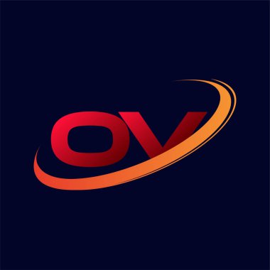 İlk harfi OV logotype şirketi. Renkli kırmızı ve turuncu çizim. koyu arkaplanda izole.