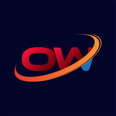 İlk harfi OW logotype şirketi. Renkli kırmızı ve turuncu çizim. koyu arkaplanda izole.