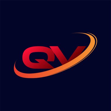 İlk harf QV logotype şirketinin adı: Renkli kırmızı ve turuncu çizim. koyu arkaplanda izole.