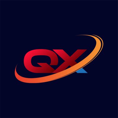 İlk harf QX logotype şirketinin adı kırmızı ve turuncu çizim. koyu arkaplanda izole.
