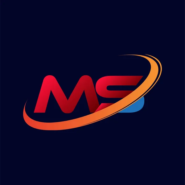 首字母Ms标志型公司名称彩色红色和橙色Swoosh设计 在黑暗背景下隔离 — 图库矢量图片