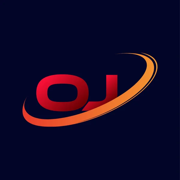最初的字母Oj标志公司的名称彩色红色和橙色Swoosh设计 在黑暗背景下隔离 — 图库矢量图片