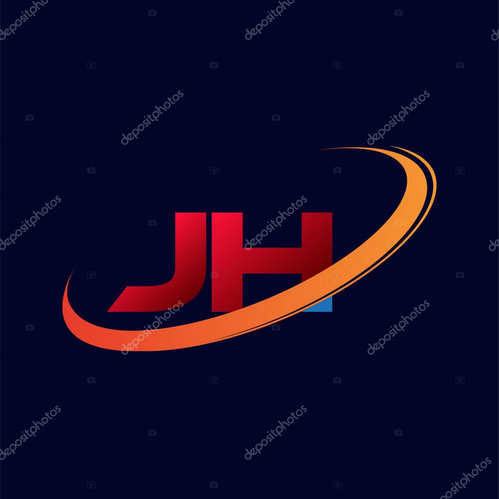 Initial letter JH logotype company name colored red and orange swoosh design. isolated on dark background.