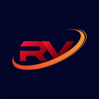 İlk harfi RV logotype şirketi. Renkli kırmızı ve turuncu çizim. koyu arkaplanda izole.