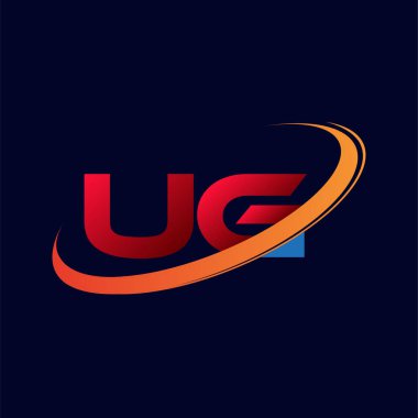 İlk harfi UG logotype şirketi. Renkli kırmızı ve turuncu çizim. koyu arkaplanda izole.