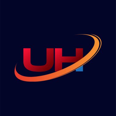 İlk harf UH logotype şirketinin adı Renkli Kırmızı ve Turuncu Swoosh tasarımı. koyu arkaplanda izole.