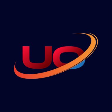 İlk harfi UO logotype şirketi. Renkli kırmızı ve turuncu çizim. koyu arkaplanda izole.