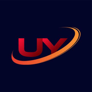 İlk harfi UY logotype şirketi. Renkli kırmızı ve turuncu çizim. koyu arkaplanda izole.