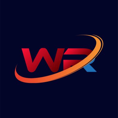 İlk harf WR logotype şirketinin adı: Renkli kırmızı ve turuncu çizim. koyu arkaplanda izole.