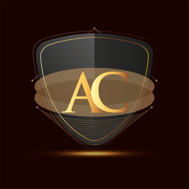 Kalkan simgesi olan ilk logo harfi AC koyu arkaplan üzerinde izole edilmiş altın rengi, şirket kimliği için logotip tasarımı.