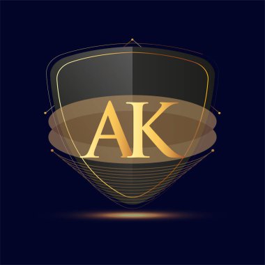 Kalkan simgesi ile ilk logo harfi AK Koyu arkaplan üzerinde izole edilmiş altın rengi, şirket kimliği için logotip tasarımı.