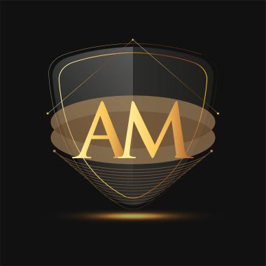Kalkan simgesi altın rengine sahip ilk logo harfi AM koyu arkaplan üzerinde izole edilmiş, şirket kimliği için logotip tasarımı.