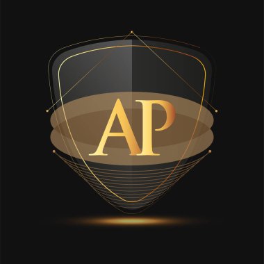 Kalkan simgesi ile AP logo harfinin koyu arkaplan üzerinde izole edilmiş altın rengi, şirket kimliği için logotip tasarımı.