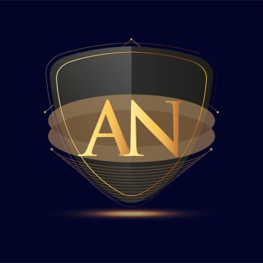 Kalkan simgesi olan ilk logo harfi AN koyu arkaplan üzerinde izole edilmiş altın renk, şirket kimliği için logotip tasarımı.